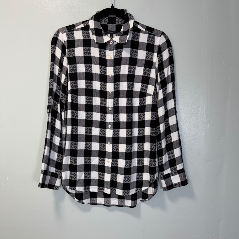 Talbots Womens XS Black‎ White Buffalo Plaid Snowflake Rayon Button Down Shirt